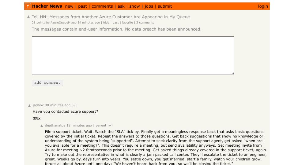 Screenshot of Hacker News post: Tell HN: Messages from Another Azure Customer Are Appearing in My Queue