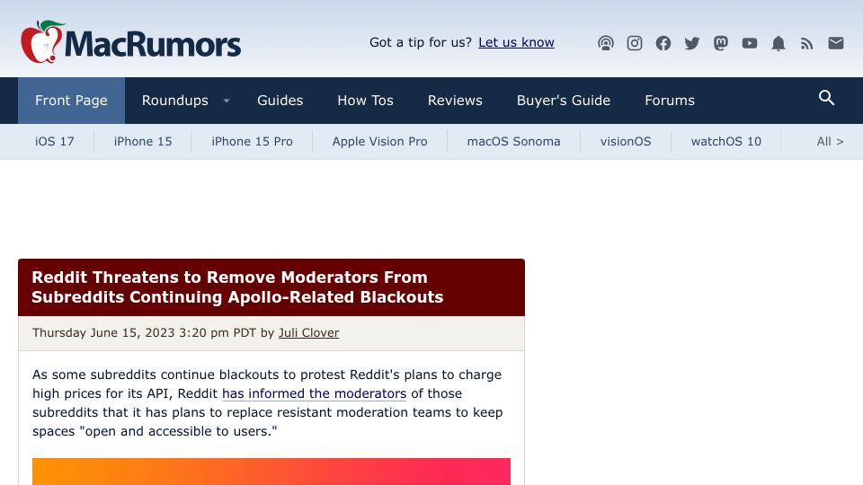 Screenshot of macrumors.com: Reddit Threatens to Remove Moderators from Subreddits Continuing Blackouts