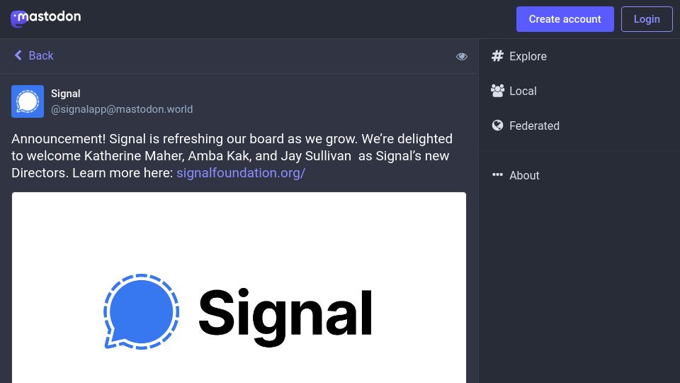 Screenshot of mastodon.world: Board Changes at Signal