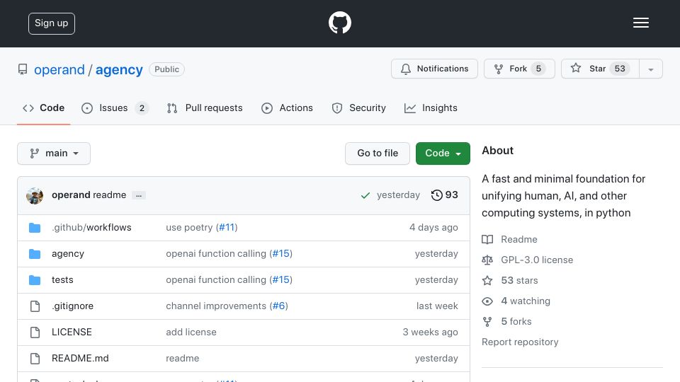 Screenshot of github.com: Show HN: Agency – Unifying human, AI, and other computing systems, in Python
