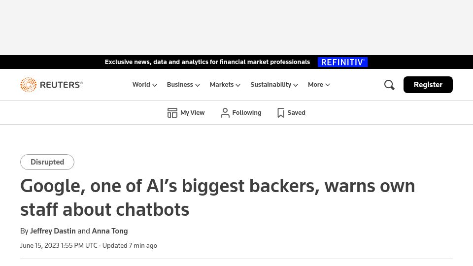 Screenshot of reuters.com: Google warns own staff about entering data into, using code from, chatbots