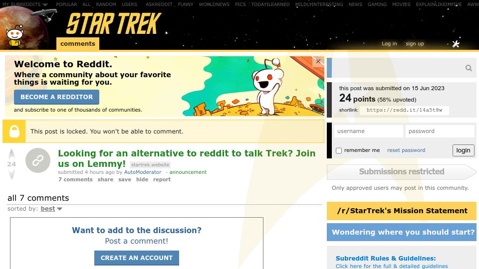 Screenshot of old.reddit.com: r/startrek has just launched its own Lemmy instance