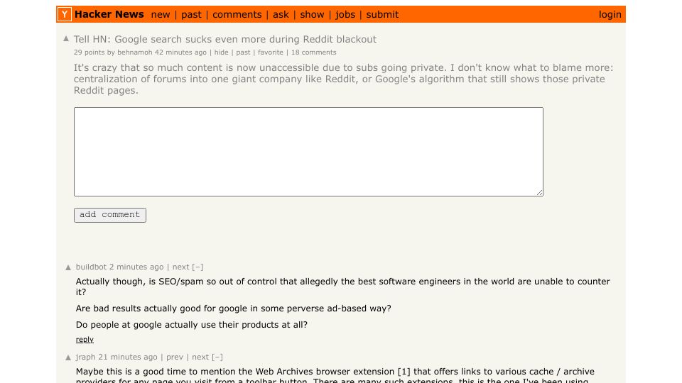 Screenshot of Hacker News post: Tell HN: Google search sucks even more during Reddit blackout