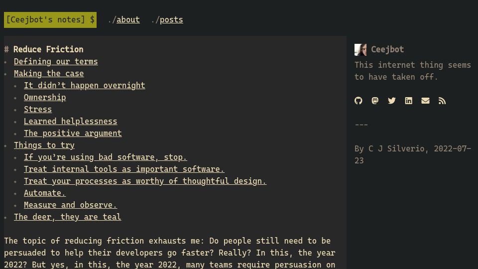 Screenshot of blog.ceejbot.com: Reduce Friction