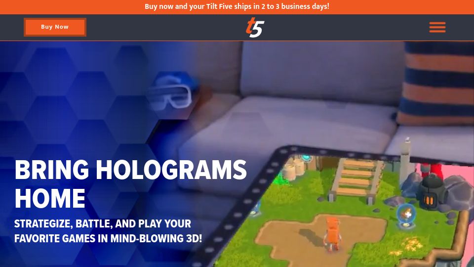 Screenshot of tiltfive.com: Tilt Five – Bring holograms home – Play your favorite games in 3D