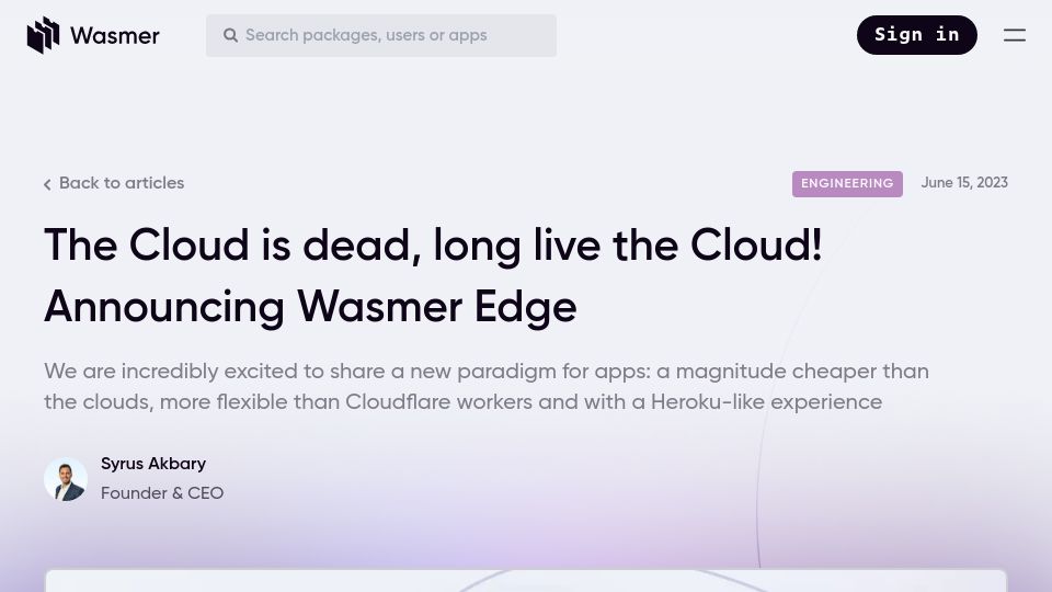 Screenshot of wasmer.io: Wasmer Edge: WebAssembly on the Edge