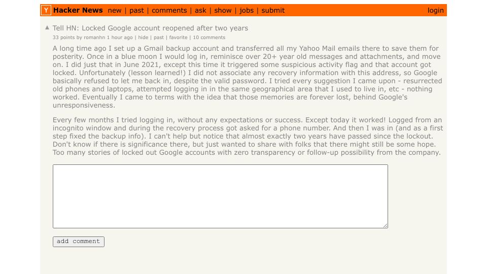 Screenshot of Hacker News post: Tell HN: Locked Google account reopened after two years