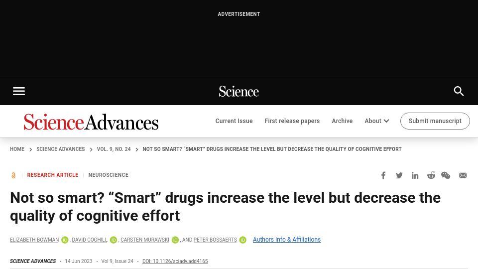 Screenshot of science.org: Drugs like ritalin, dexamphetamine decrease the quality of cognitive effort