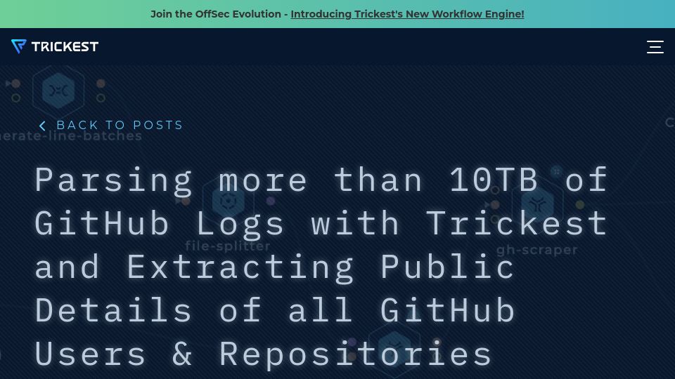 Screenshot of trickest.com: Getting 10TB of GitHub logs and extracting details of all users and repositories