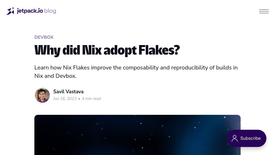 Screenshot of jetpack.io: Why did Nix adopt Flakes?
