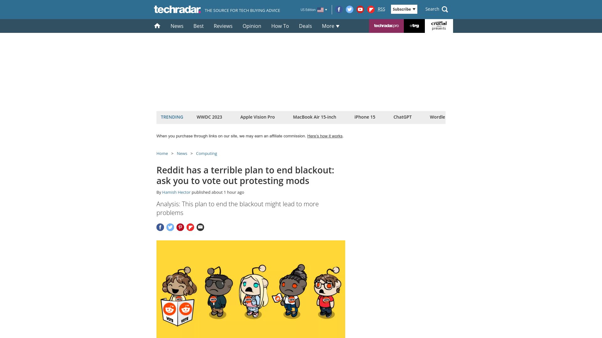 Screenshot of techradar.com: Reddit has a terrible plan to end blackout: ask you to vote out protesting mods