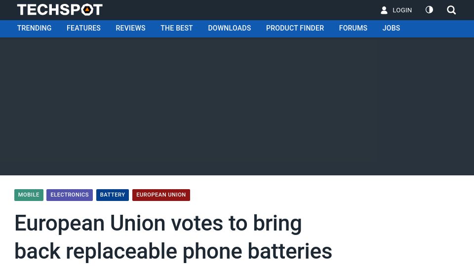 Screenshot of techspot.com: European Union votes to bring back replaceable phone batteries