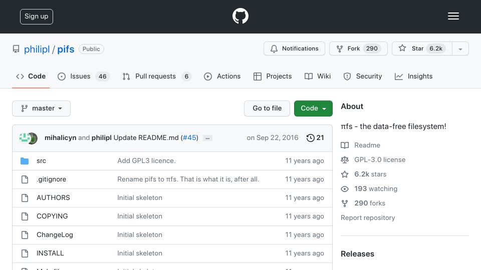 Screenshot of github.com: Free unlimited storage, store your files in pi – pi File System