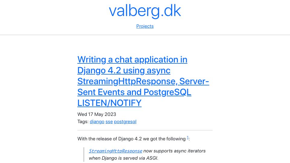 Screenshot of valberg.dk: Writing a chat application in Django 4.2 using async StreamingHttpResponse