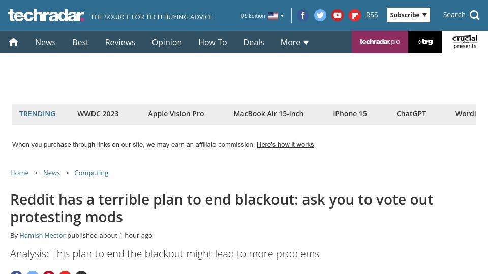 Screenshot of techradar.com: Reddit has a terrible plan to end blackout: ask you to vote out protesting mods