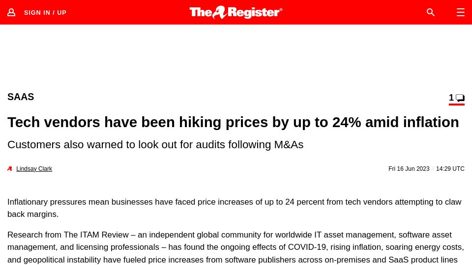 Screenshot of theregister.com: Tech vendors have been hiking prices by up to 24% amid inflation