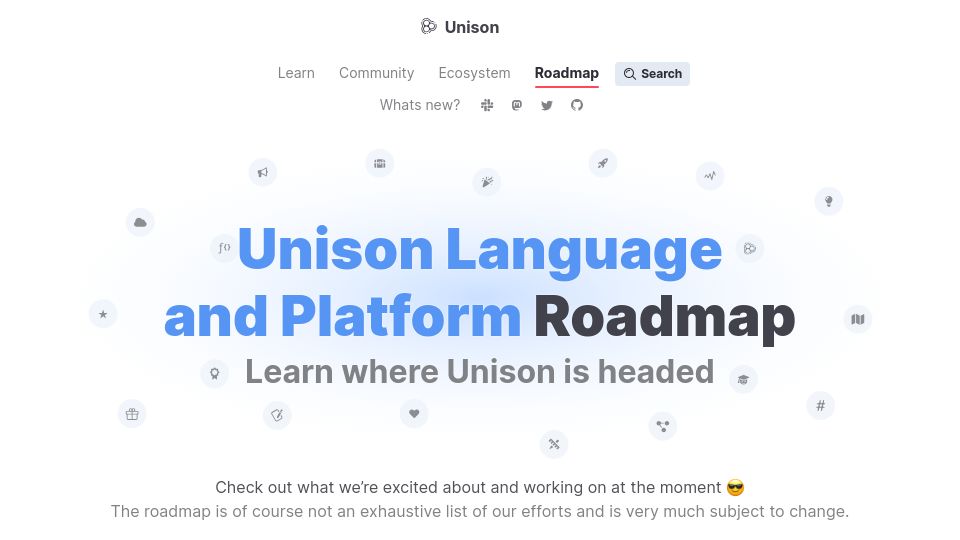 Screenshot of unison-lang.org: Unison Language and Platform Roadmap