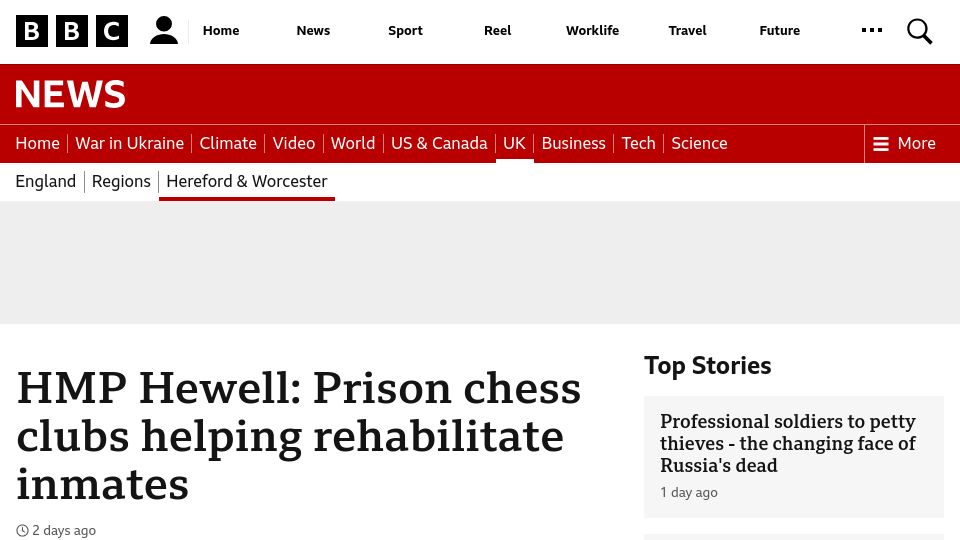 Screenshot of bbc.com: Prison chess clubs helping rehabilitate inmates