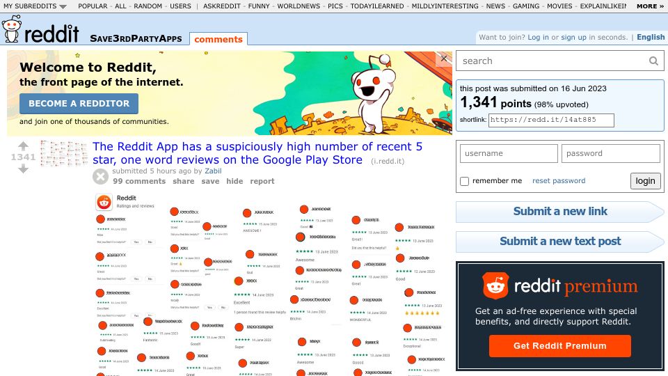 Screenshot of old.reddit.com: Reddit App – Suspicious high number of recent 5 star, one word reviews