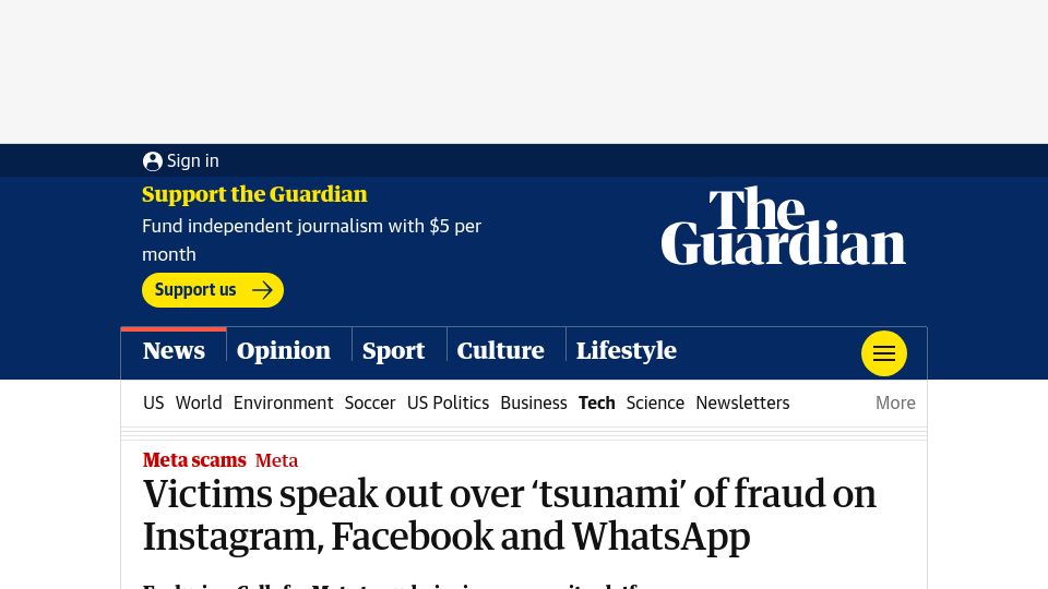 Screenshot of theguardian.com: Victims speak out over ‘tsunami’ of fraud on Instagram, Facebook and WhatsApp