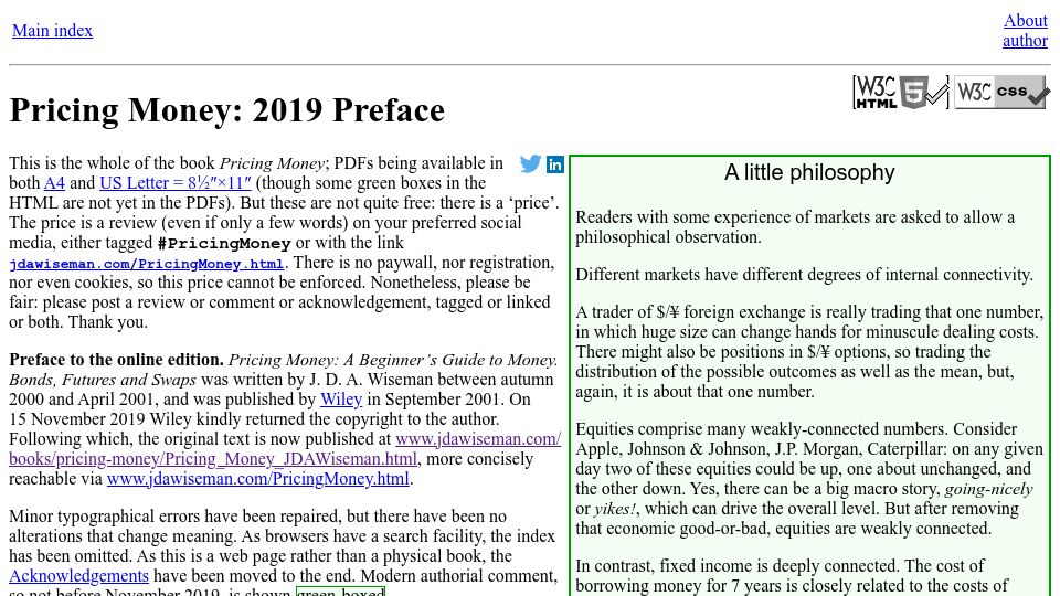Screenshot of jdawiseman.com: Pricing Money: A beginner's guide to money, bonds, futures and swaps