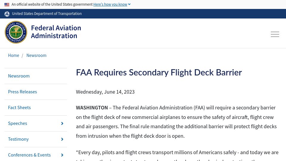 Screenshot of faa.gov: FAA Requires Secondary Flight Deck Barrier