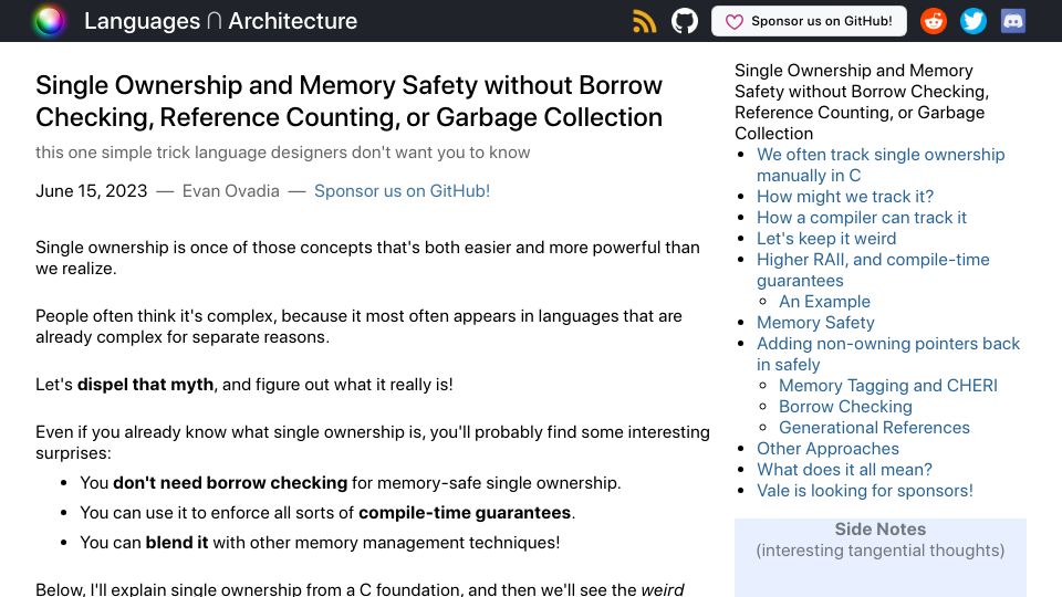 Screenshot of verdagon.dev: Memory Safety Without Borrow Checking, Reference Counting, or Garbage Collection