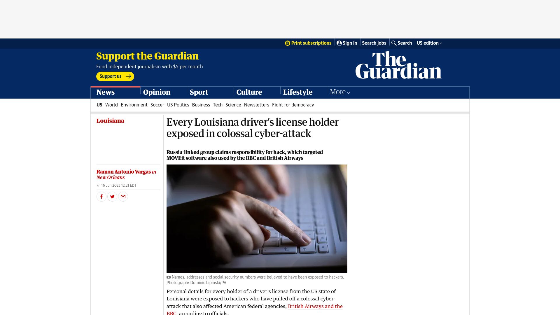 Screenshot of theguardian.com: Every Louisiana driver's license holder exposed in cyberattack