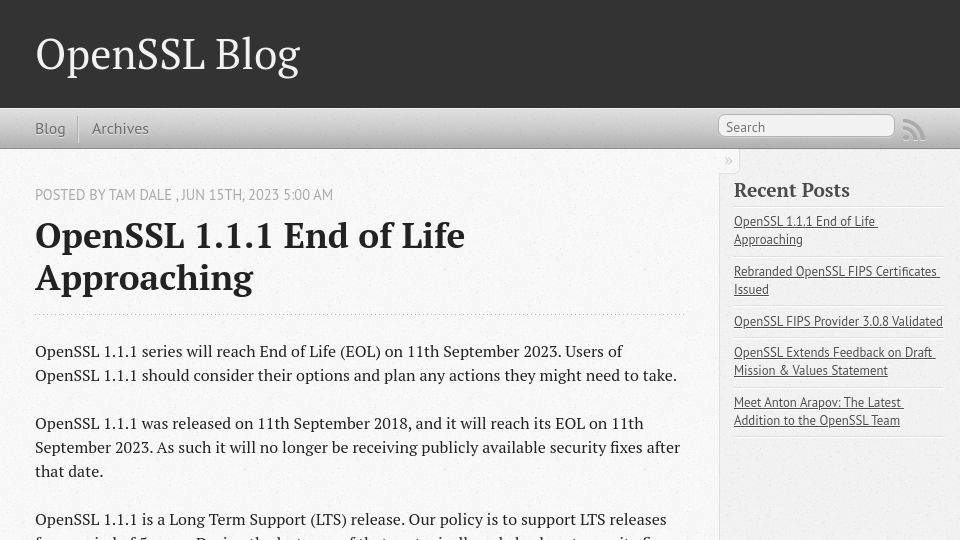 Screenshot of openssl.org: OpenSSL 1.1.1 End of Life Approaching