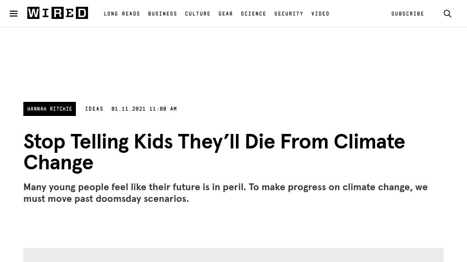 Screenshot of wired.co.uk: Stop Telling Kids They’ll Die from Climate Change (2021)