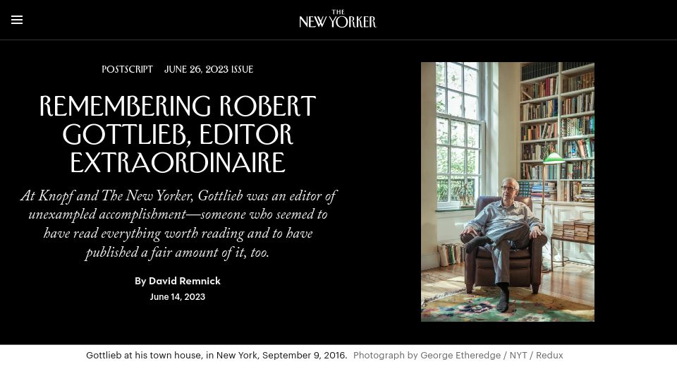 Screenshot of newyorker.com: Remembering Robert Gottlieb, editor extraordinaire