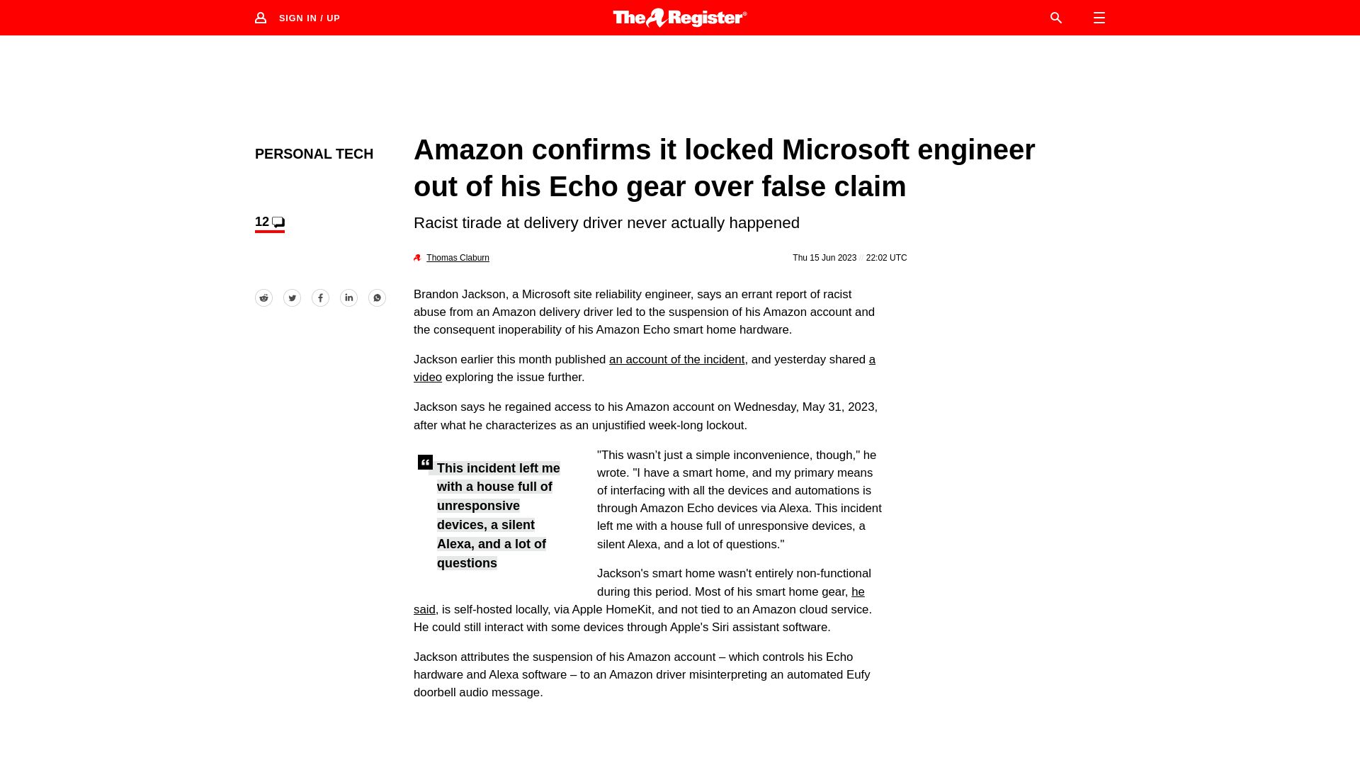 Screenshot of theregister.com: Amazon confirms it locked Microsoft engineer out his Echo gear over false claim