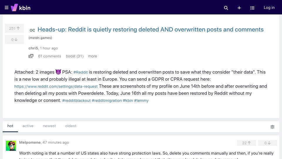 Screenshot of kbin.social: Reddit appears to be restoring edited/deleted comments