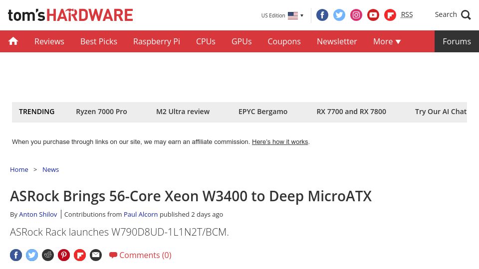 Screenshot of tomshardware.com: ASRock Brings 56-Core Xeon W3400 to Deep MicroATX