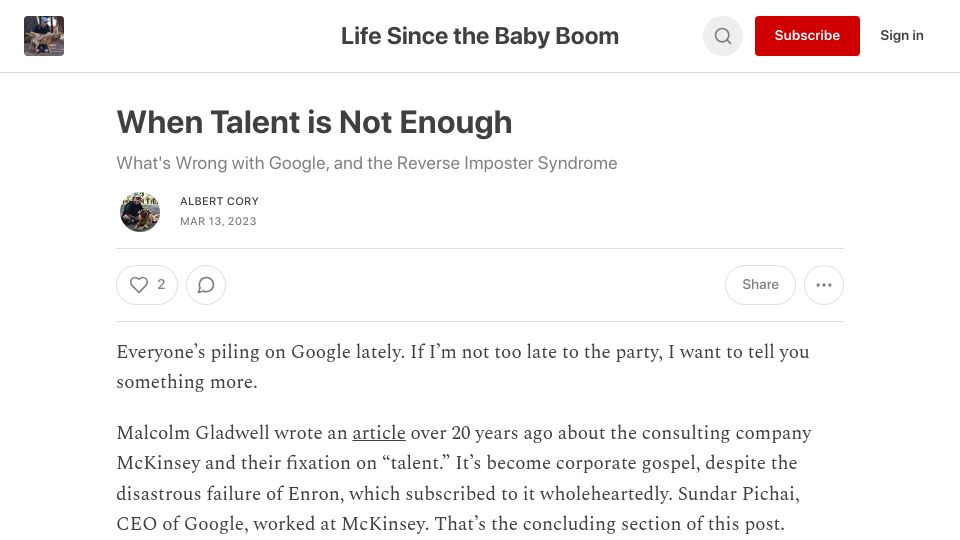Screenshot of albertcory50.substack.com: When Talent Is Not Enough