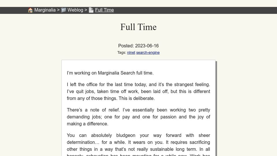 Screenshot of marginalia.nu: Full Time