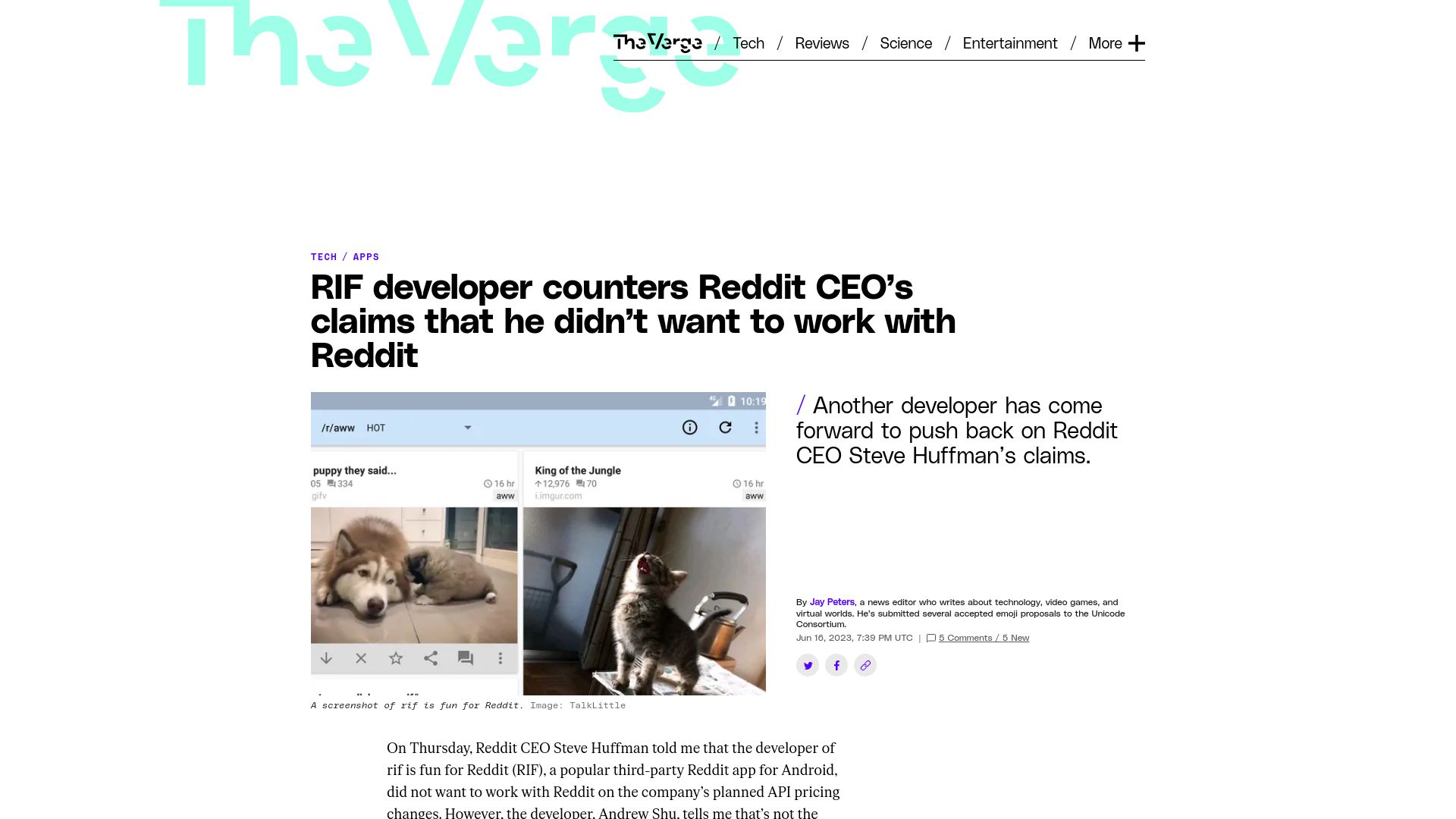 Screenshot of theverge.com: RIF developer counters Reddit CEO’s claims
