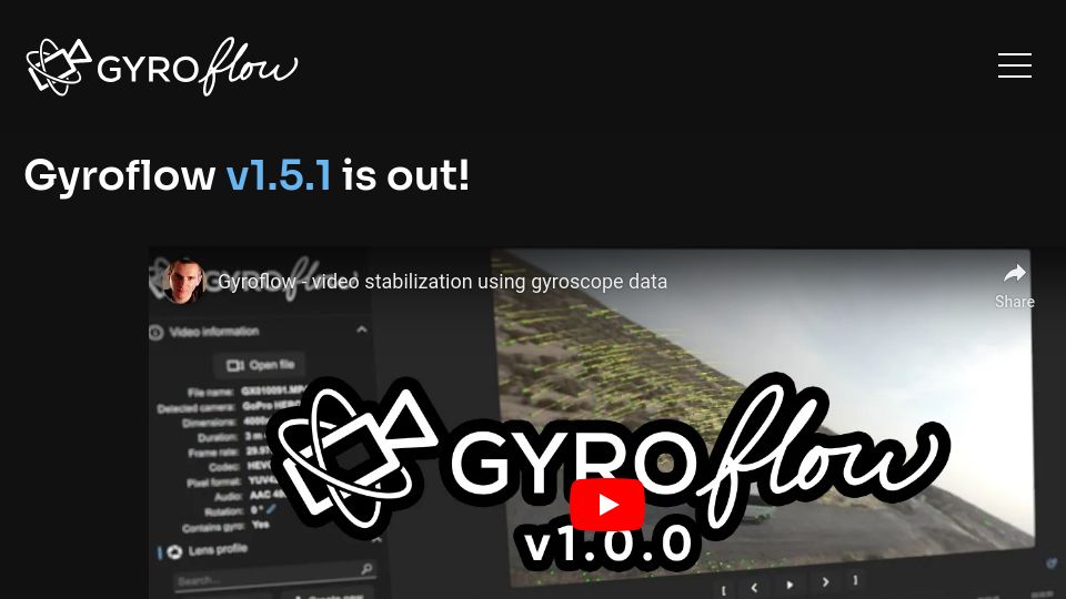 Screenshot of gyroflow.xyz: Gyroflow: An open source advanced gyro-based video stabilization tool
