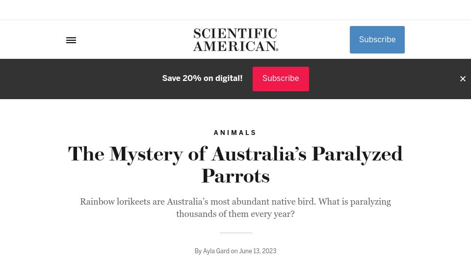 Screenshot of scientificamerican.com: The Mystery of Australia’s Paralyzed Parrots