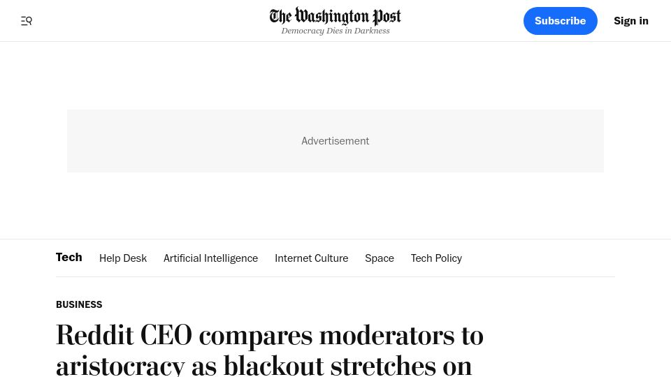 Screenshot of washingtonpost.com: Reddit CEO slams moderators amid blackout, compares them to aristocracy