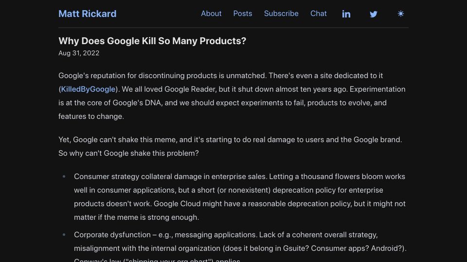 Screenshot of matt-rickard.com: Why Does Google Kill So Many Products?