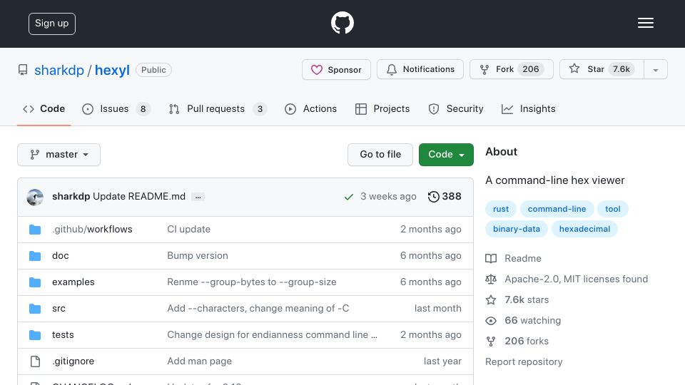 Screenshot of github.com: Hexyl: A command-line hex viewer with colorized output