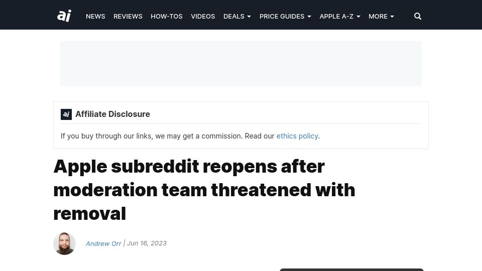 Screenshot of appleinsider.com: Apple subreddit reopens after moderation team threatened with removal
