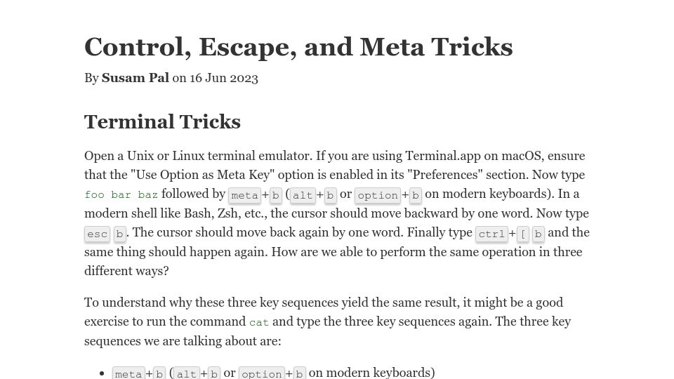 Screenshot of susam.net: Control, escape, and meta tricks