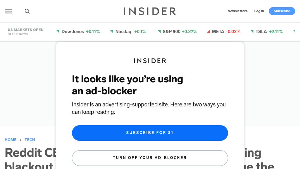 Screenshot of businessinsider.com: Reddit CEO Says Mods Too Powerful, Plans to Weaken After Blackout