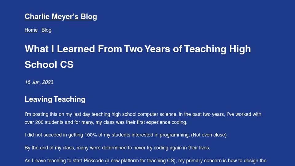 Screenshot of blog.charliemeyer.co: Two years of teaching high school CS