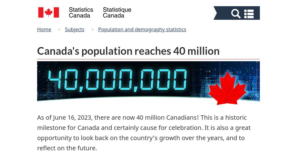 Screenshot of statcan.gc.ca: Canada's population reaches 40M