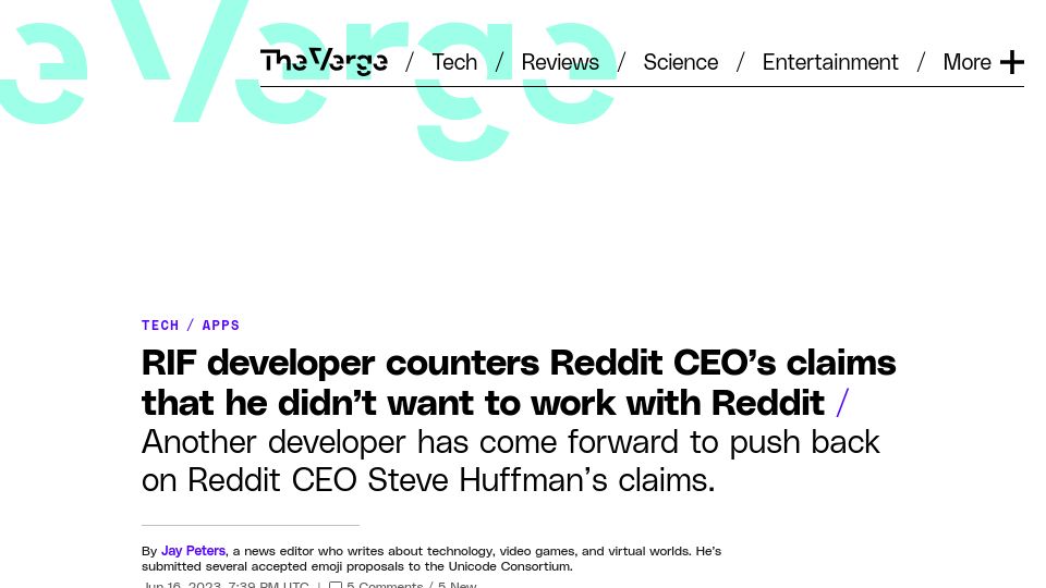 Screenshot of theverge.com: RIF developer counters Reddit CEO’s claims