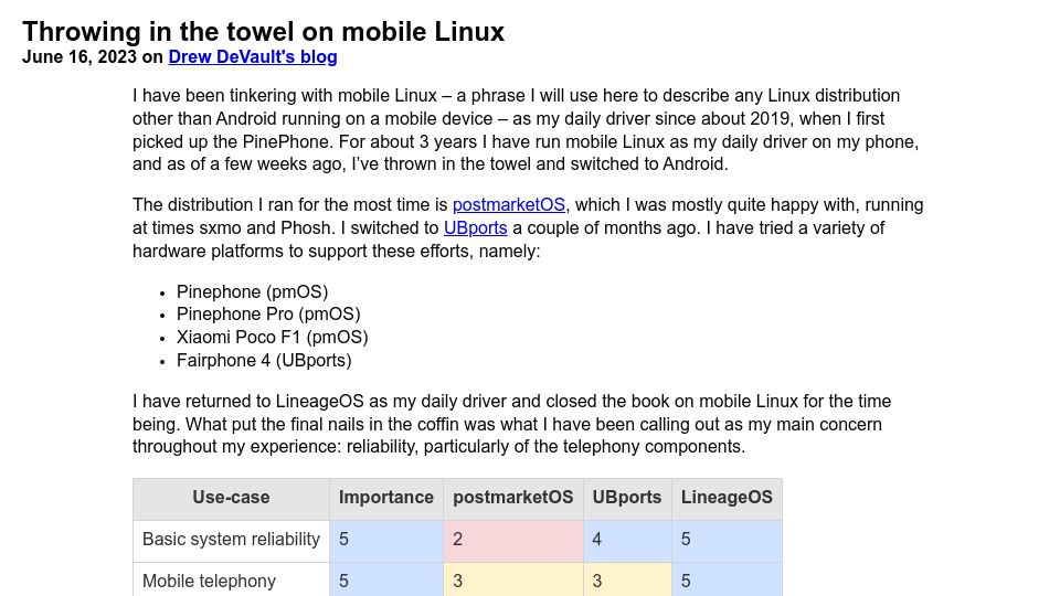 Screenshot of drewdevault.com: Throwing in the Towel on Mobile Linux