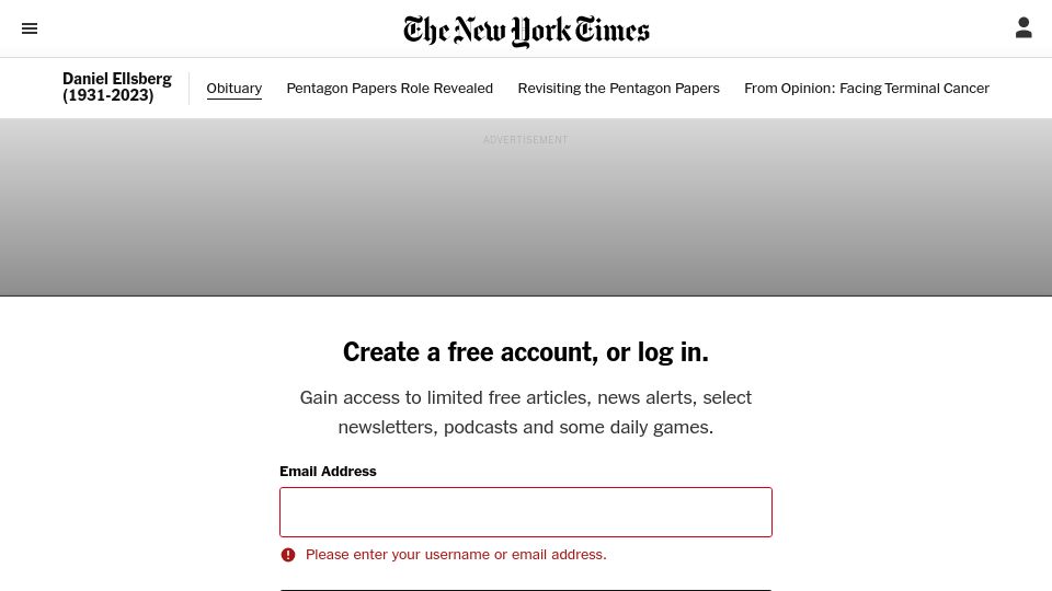 Screenshot of nytimes.com: Daniel Ellsberg has died